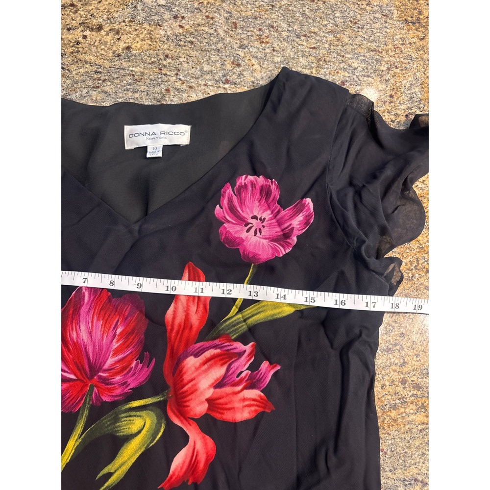 Donna Ricco Black Floral Tulip Print V-Neck Flutter Sleeve Midi Dress Size 10 - Picture 4 of 6